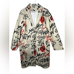 Graffiti Tan Red Black Jacket Trench Coat Men women’s Burberry Print Writing XXL